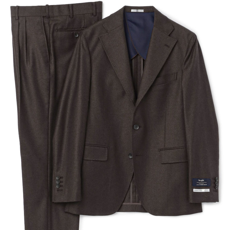 シルバーライン 【発送在庫あり】【CLASSICO TAPERED】【秋冬】3釦段返りシングルスーツ 2タック/ブラウン×ヘリンボーン/ウエストムーブ/MARZOTTO/※裾上げ必要 茶中間