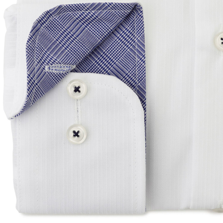 ブラックライン 【発送在庫あり】【BLACK LINE】【形態安定】ワイドカラードレスワイシャツ/ホワイト×ドビーストライプ/襟袖裏別布：ネイビー×チェック/釦付糸：ネイビー 白