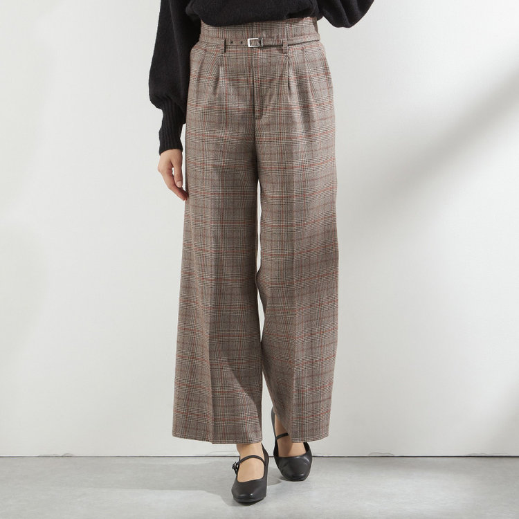 【SILVER LINE】【秋冬】共生地ベルト付きワイドパンツ/ブラウン×チェック/裾上げ済仕様