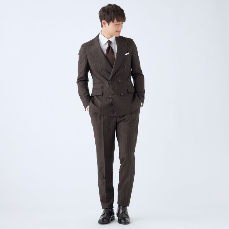 シルバーライン 【発送在庫あり】【CLASSICO TAPERED】【秋冬】6釦2掛けダブルスーツ 2タック/ブラウン×ストライプ/MARZOTTO/※裾上げ必要 茶濃色