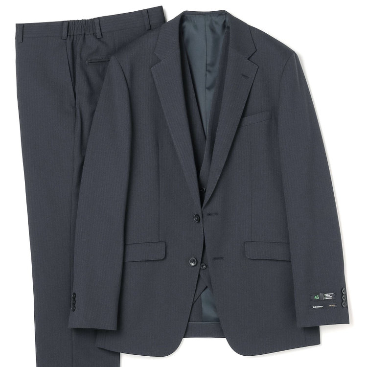 ブラックライン 【SLIM TAPERED_2】【年間】2釦シングルスリーピーススーツ 0タック/ダークグレー×シャドーストライプ/ウエストシャーリング/4S SUSTAINABILITY&ECOLOGY FABRIC/リバーシブルベスト（グレー）/※パンツ裾上げ済仕様 グレー濃色