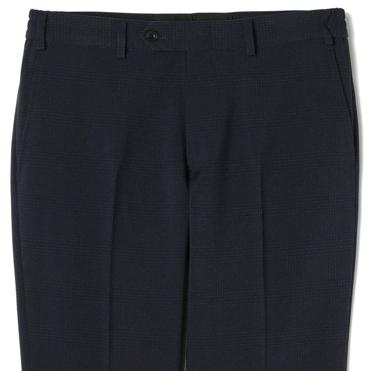 ブラックライン 【SLIM TAPERED_2】【春夏】2釦シングルスリーピーススーツ 0タック/ネイビー×チェック/ウエストシャーリング/4S SUSTAINABILITY&ECOLOGY FABRIC/※パンツ裾上げ済仕様 紺濃色