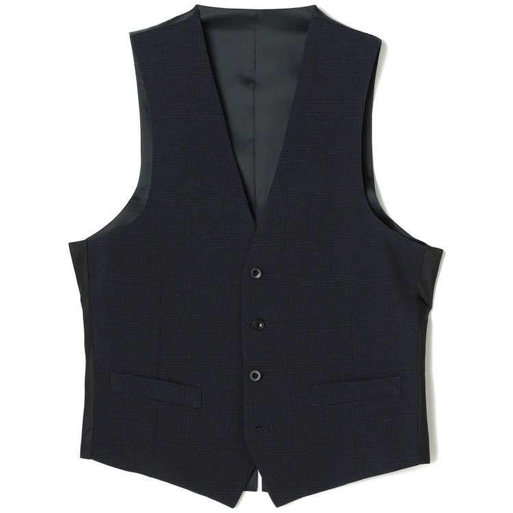 ブラックライン 【SLIM TAPERED_2】【春夏】2釦シングルスリーピーススーツ 0タック/ネイビー×チェック/ウエストシャーリング/4S SUSTAINABILITY&ECOLOGY FABRIC/※パンツ裾上げ済仕様 紺濃色