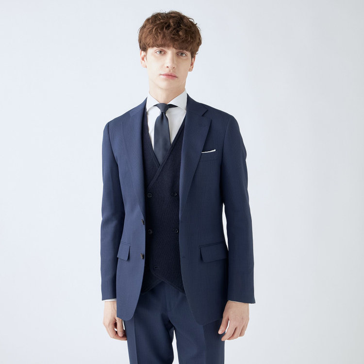 シルバーライン 【CLASSICO TAPERED】【秋冬】2釦シングルスーツ 1タック/ネイビー×グレンチェック/super extra fine merino wool Raymond/※裾上げ必要 紺中間
