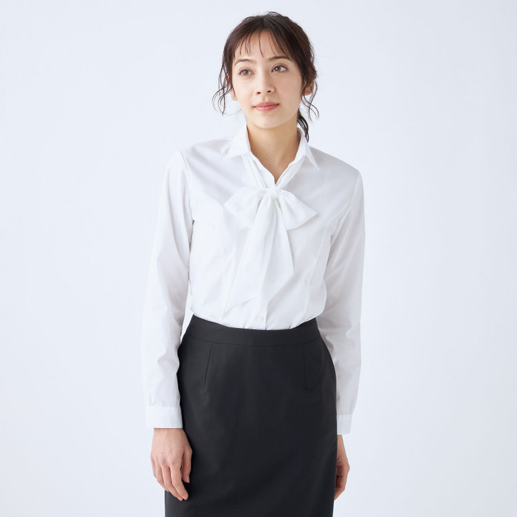 ソノタ 【SUIT SELECT×Samantha Thavasa】【長袖】リボン&フリル取り外しスキッパー/ホワイト×ドビーストライプ 白