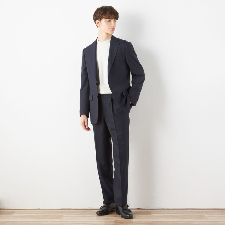 ソノタ 【BLACK LINE】1タックワイドシルエットパンツ/ネイビー/NEW ZEALAND WOOL MIX/※裾上げ必要 紺中間