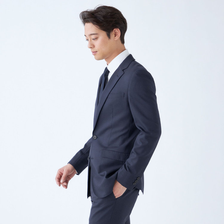 ブラックライン 【SLIM TAPERED_2】【秋冬】2釦シングルスーツ 0タック/ネイビー＆ブラック×ハウンドトゥース/ウエストシャーリング/4S SUSTAINABILITY&ECOLOGY FABRIC/※パンツ裾上げ済仕様 紺中間