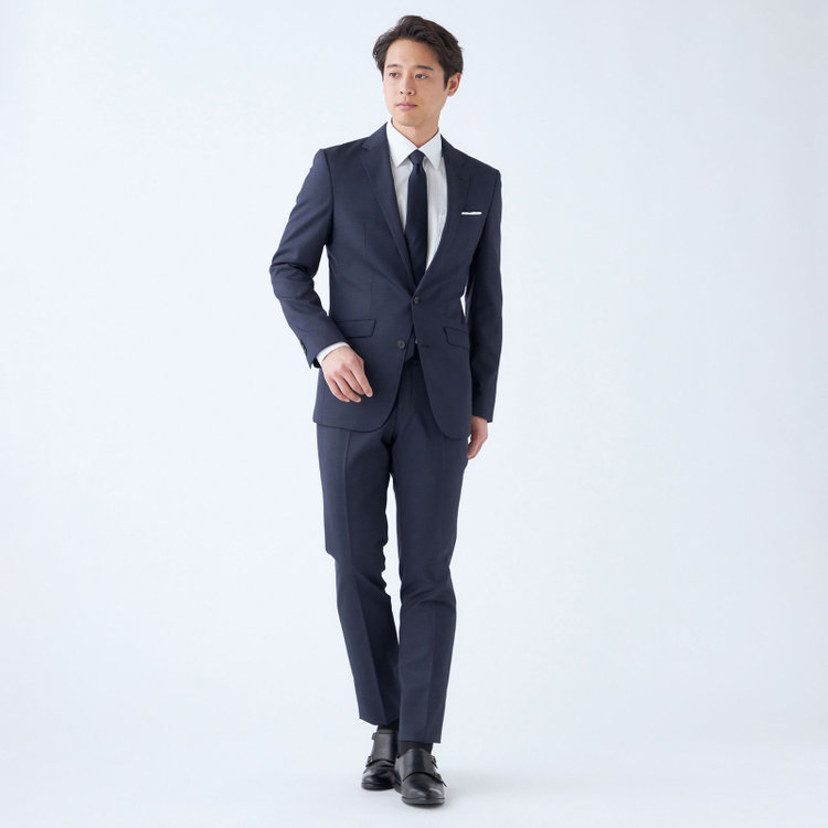 ブラックライン 【SLIM TAPERED_2】【秋冬】2釦シングルスーツ 0タック/ネイビー＆ブラック×ハウンドトゥース/ウエストシャーリング/4S SUSTAINABILITY&ECOLOGY FABRIC/※パンツ裾上げ済仕様 紺中間