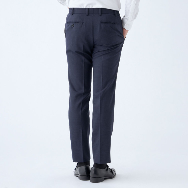 ブラックライン 【SLIM TAPERED_2】【秋冬】2釦シングルスーツ 0タック/ネイビー＆ブラック×ハウンドトゥース/ウエストシャーリング/4S SUSTAINABILITY&ECOLOGY FABRIC/※パンツ裾上げ済仕様 紺中間