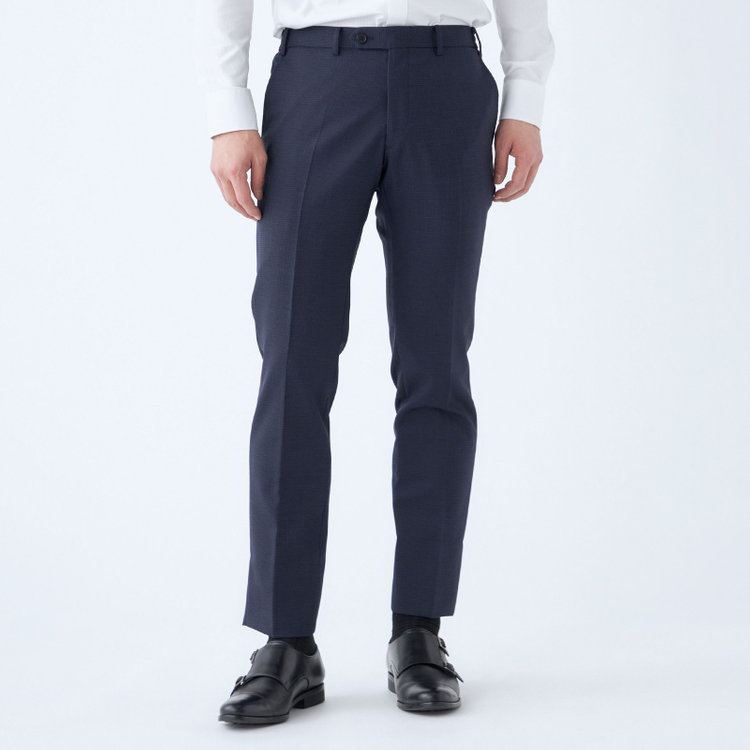 ブラックライン 【SLIM TAPERED_2】【秋冬】2釦シングルスーツ 0タック/ネイビー＆ブラック×ハウンドトゥース/ウエストシャーリング/4S SUSTAINABILITY&ECOLOGY FABRIC/※パンツ裾上げ済仕様 紺中間