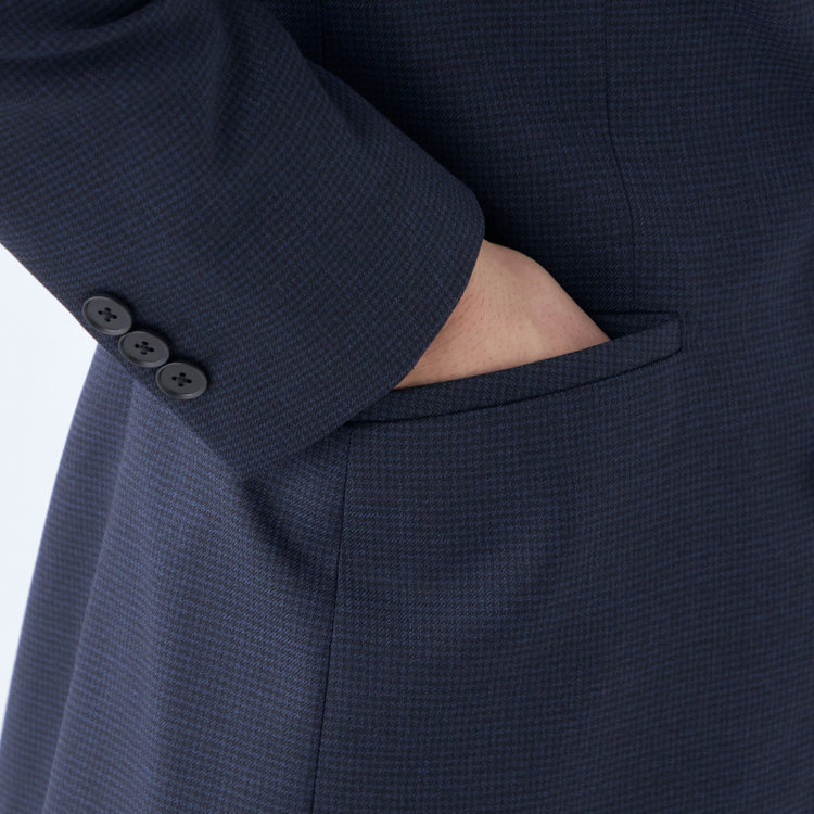 ブラックライン 【SLIM TAPERED_2】【秋冬】2釦シングルスーツ 0タック/ネイビー＆ブラック×ハウンドトゥース/ウエストシャーリング/4S SUSTAINABILITY&ECOLOGY FABRIC/※パンツ裾上げ済仕様 紺中間