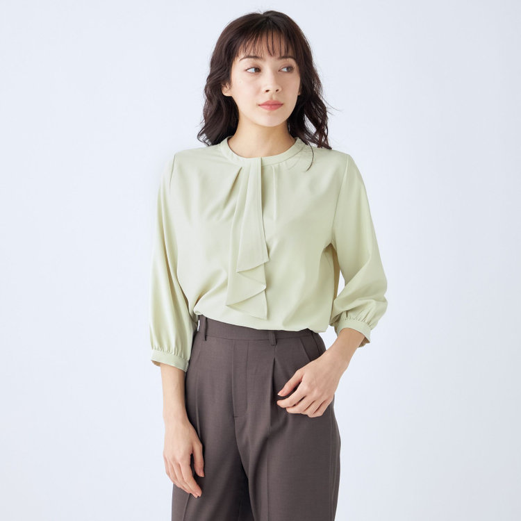 シルバーライン 【SILVER LINE/7分袖】タイ付き2WAYプルオーバー/グリーン/「ウォッシャブル可能」「2WAYストレッチ」「防シワ」「UV加工」「接触冷感」「透け軽減」 緑中間