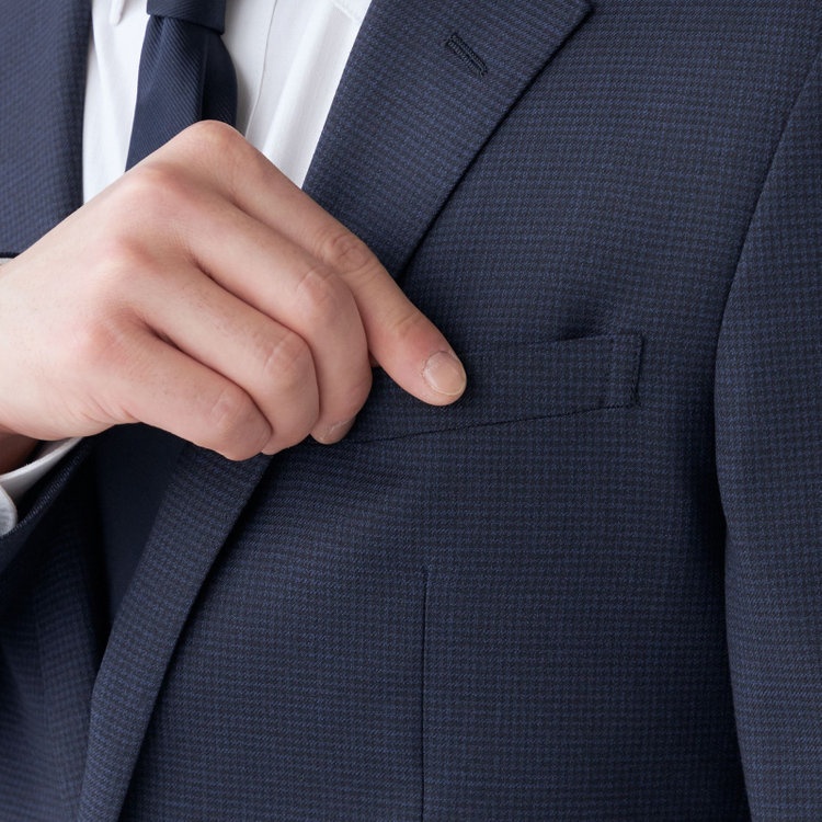 ブラックライン 【SLIM TAPERED_2】【秋冬】2釦シングルスーツ 0タック/ネイビー＆ブラック×ハウンドトゥース/ウエストシャーリング/4S SUSTAINABILITY&ECOLOGY FABRIC/※パンツ裾上げ済仕様 紺中間