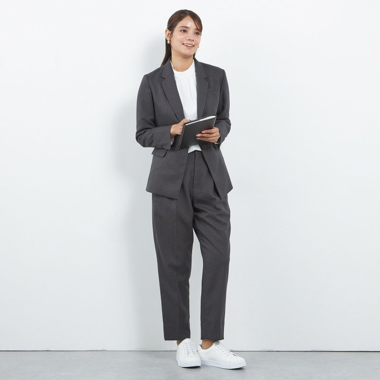 シルバーライン 【SILVER LINE】【年間】1釦シングルパンツスーツ/グレー×ストライプ/ウエストシャーリング/ウォッシャブル/※パンツ裾上げ済仕様 グレー中間