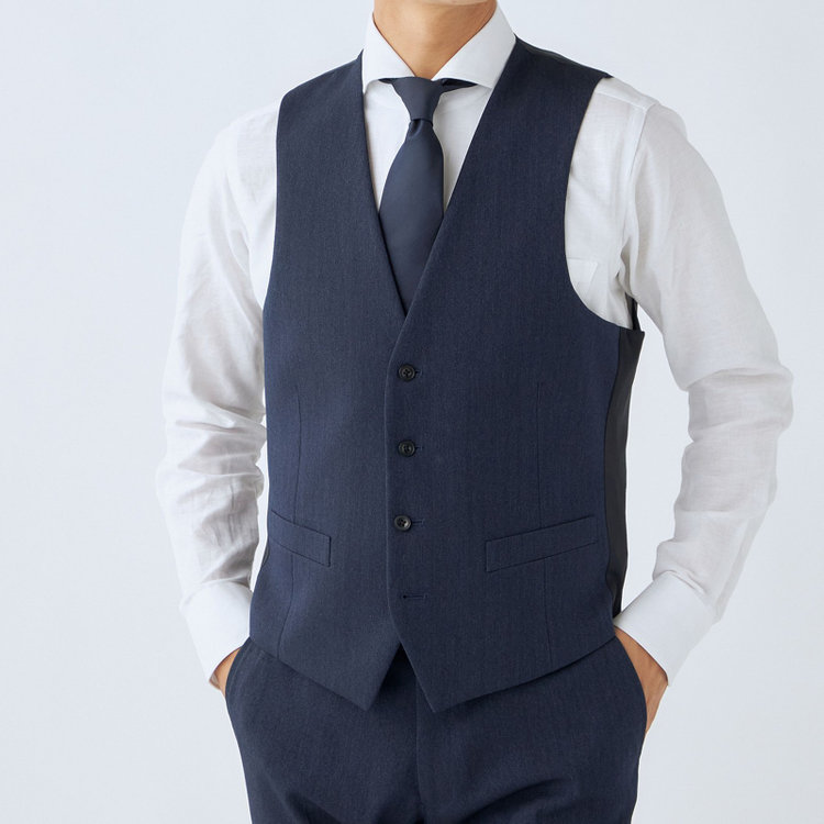 ブラックライン 【SLIM TAPERED_2】【秋冬】2釦シングルスリーピーススーツ 0タック/ネイビー×シャドーストライプ/ウエストシャーリング/4S SUSTAINABILITY&ECOLOGY FABRIC/※パンツ裾上げ済仕様 紺濃色