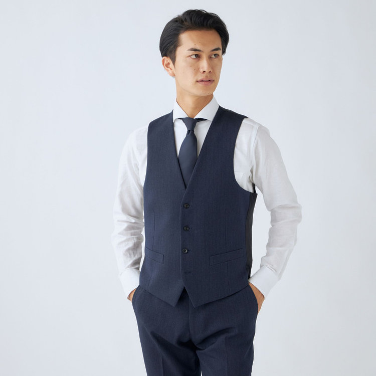 ブラックライン 【SLIM TAPERED_2】【秋冬】2釦シングルスリーピーススーツ 0タック/ネイビー×シャドーストライプ/ウエストシャーリング/4S SUSTAINABILITY&ECOLOGY FABRIC/※パンツ裾上げ済仕様 紺濃色