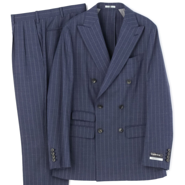 シルバーライン 【CLASSICO TAPERED】【春夏】6釦2掛けダブルスーツ 2タック/ネイビー×ストライプ/チェンジポケット/ウエストムーブ/NEW ZEALAND WOOL MIX/※裾上げ必要 青中間