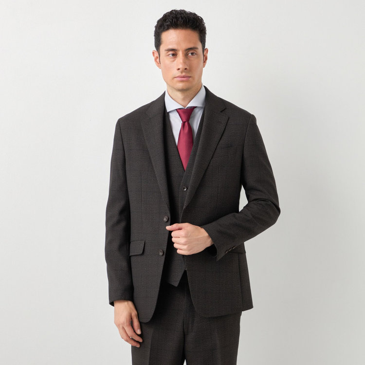 ブラックライン 【SLIM TAPERED】【秋冬】2釦シングルスリーピーススーツ 0タック/ブラウン×グレンチェック /ウエストムーブ/4S TAKE OUT SUITS / ※パンツ裾上げ済仕様 茶濃色