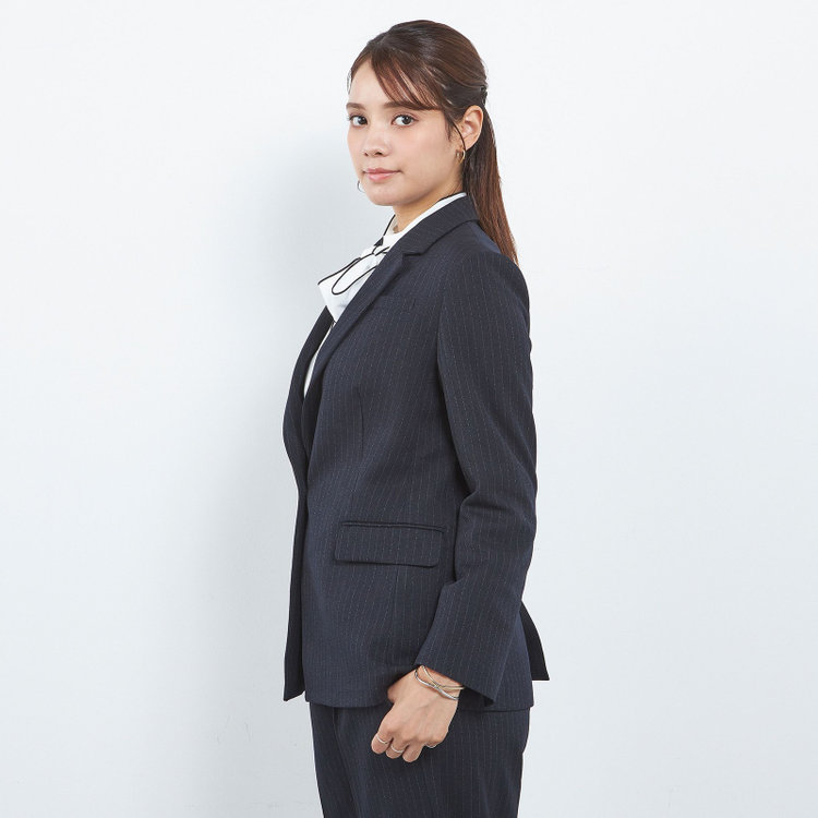 シルバーライン 【SILVER LINE】【年間】1釦シングルパンツスーツ/ネイビー×ストライプ/ウエストシャーリング/ウォッシャブル/※パンツ裾上げ済仕様 紺中間