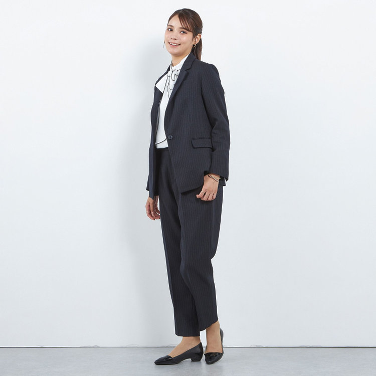 シルバーライン 【SILVER LINE】【年間】1釦シングルパンツスーツ/ネイビー×ストライプ/ウエストシャーリング/ウォッシャブル/※パンツ裾上げ済仕様 紺中間