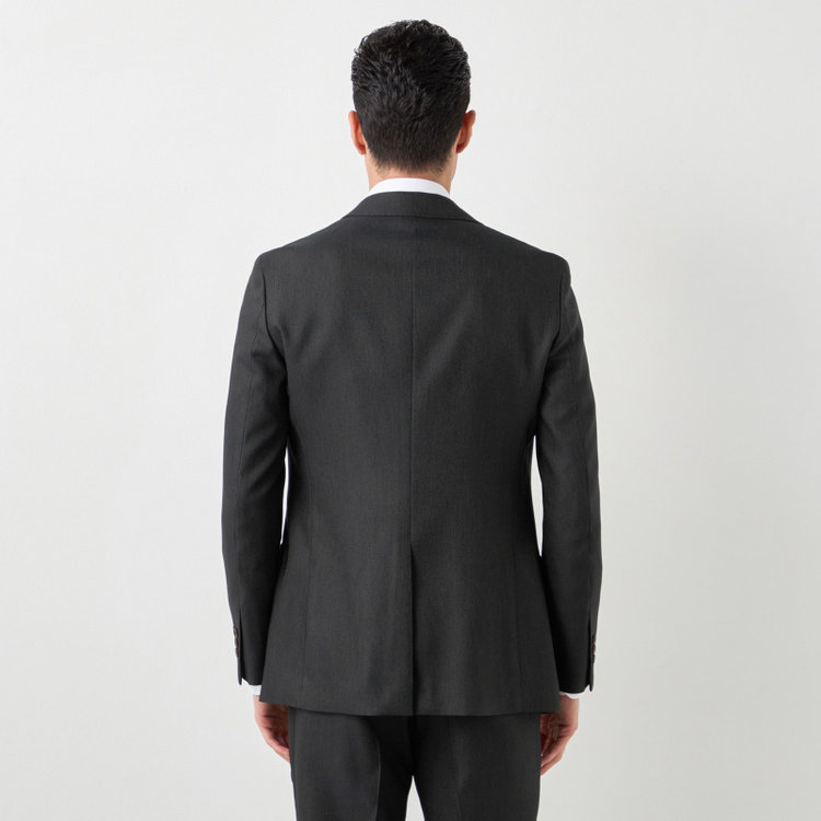 ブラックライン 【SLIM TAPERED】【年間】 2釦シングルスリーピーススーツ 0タック/ ダークブラウン×デジタルデニム  /ウエストシャーリング/ 4S TAKE OUT SUITS / ※パンツ裾上げ済仕様 緑濃色