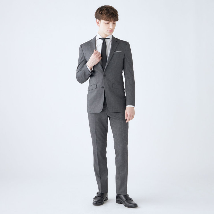 ブラックライン 【SLIM TAPERED_2】【秋冬】2釦シングルスーツ 0タック/グレー×ツイル/ウエストシャーリング/4S SUSTAINABILITY&ECOLOGY FABRIC/ウォッシャブル/※パンツ裾上げ済仕様 グレー中間