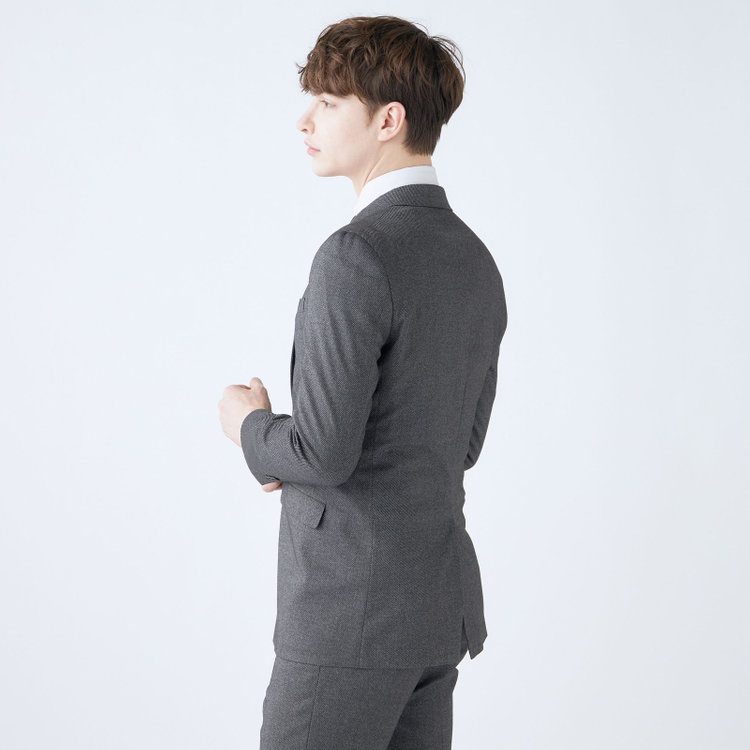 ブラックライン 【SLIM TAPERED_2】【秋冬】2釦シングルスーツ 0タック/グレー×ツイル/ウエストシャーリング/4S SUSTAINABILITY&ECOLOGY FABRIC/ウォッシャブル/※パンツ裾上げ済仕様 グレー中間