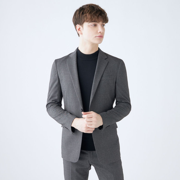 ブラックライン 【SLIM TAPERED_2】【秋冬】2釦シングルスーツ 0タック/グレー×ツイル/ウエストシャーリング/4S SUSTAINABILITY&ECOLOGY FABRIC/ウォッシャブル/※パンツ裾上げ済仕様 グレー中間
