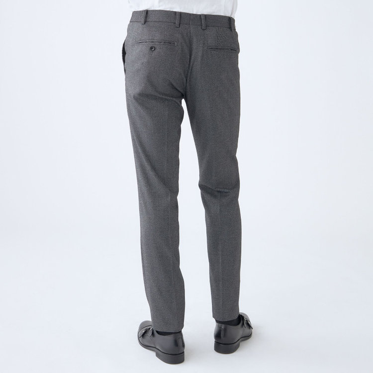 ブラックライン 【SLIM TAPERED_2】【秋冬】2釦シングルスーツ 0タック/グレー×ツイル/ウエストシャーリング/4S SUSTAINABILITY&ECOLOGY FABRIC/ウォッシャブル/※パンツ裾上げ済仕様 グレー中間