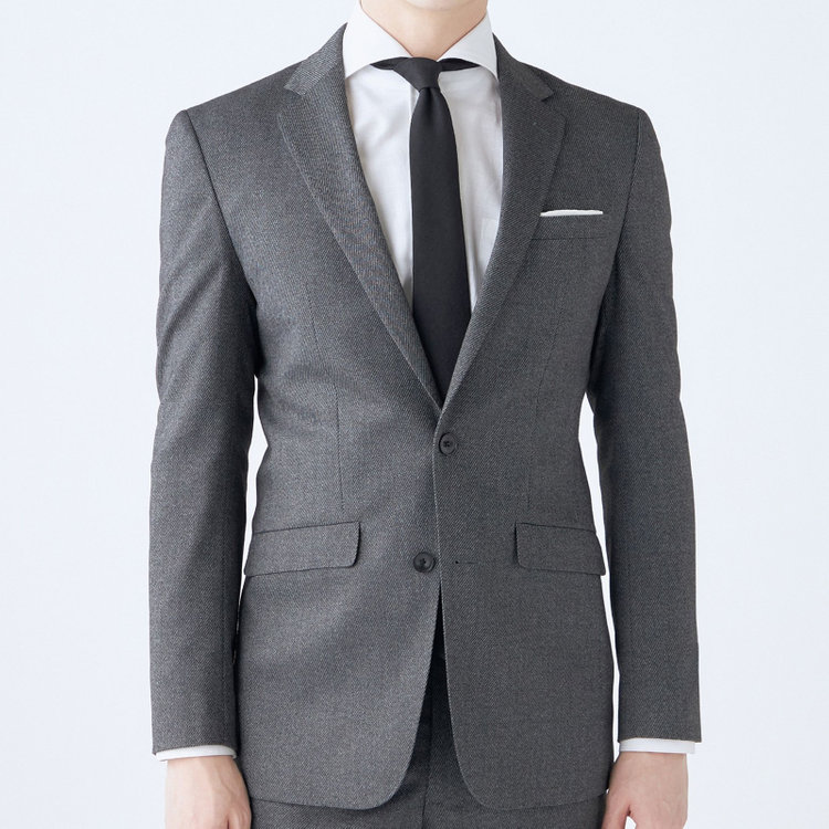 ブラックライン 【SLIM TAPERED_2】【秋冬】2釦シングルスーツ 0タック/グレー×ツイル/ウエストシャーリング/4S SUSTAINABILITY&ECOLOGY FABRIC/ウォッシャブル/※パンツ裾上げ済仕様 グレー中間