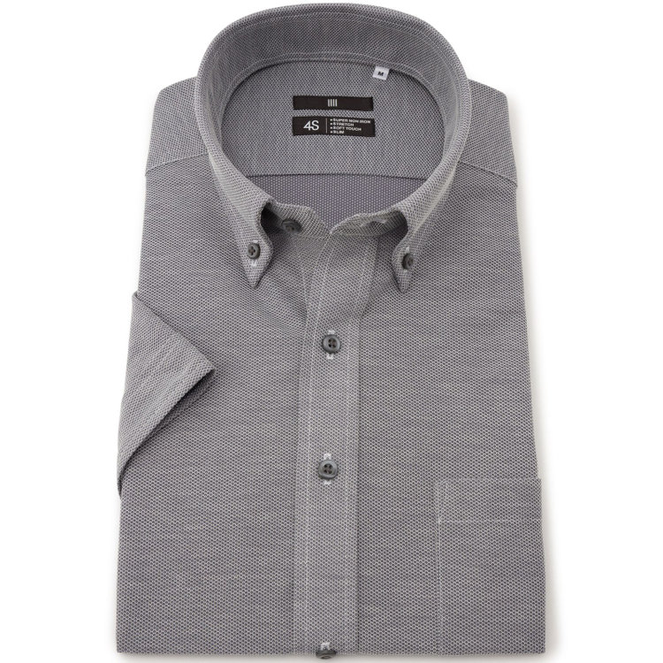 ブラックライン 【発送在庫あり】【BLACK LINE/半袖】ボタンダウンワイシャツ/グレー×ドビー/「4S HONEYCOMB MESH」スーパーノンアイロン・ストレッチ グレー中間