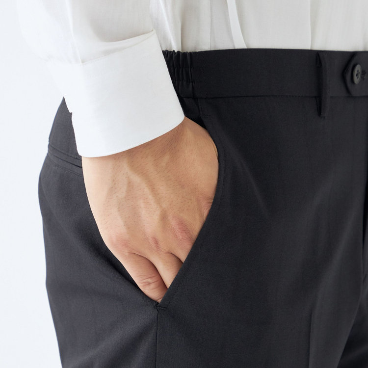 ブラックライン 【SLIM TAPERED】【春夏】0タックテーパードパンツ/ブラック×ウィンドペン/ウエストシャーリング/ウォッシャブル/4S/※裾上げ済仕様 黒