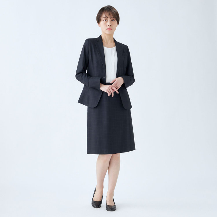 シルバーライン 【SL】【年間】1釦シングル 2Way スカート&パンツスーツ/ネイビー×チェック/ウエストシャーリング仕様/ウォッシャブル/※パンツ裾上げ済仕様 紺中間