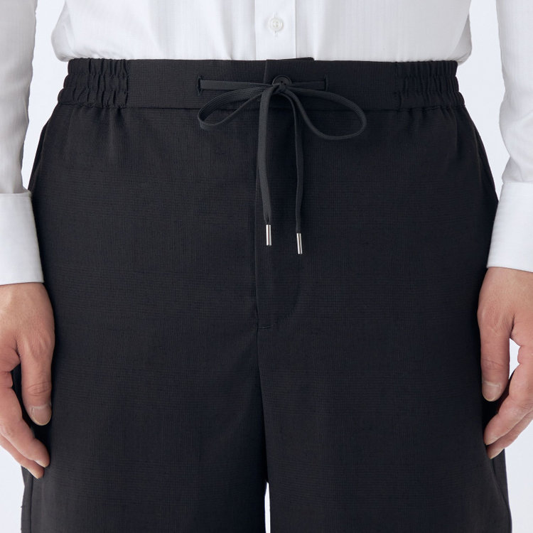 ブラックライン 【RBC】【春夏】ドローコード付きテーパードパンツ/ブラック×シャドーチェック/ウエストシャーリング/裾上げ済仕様 黒