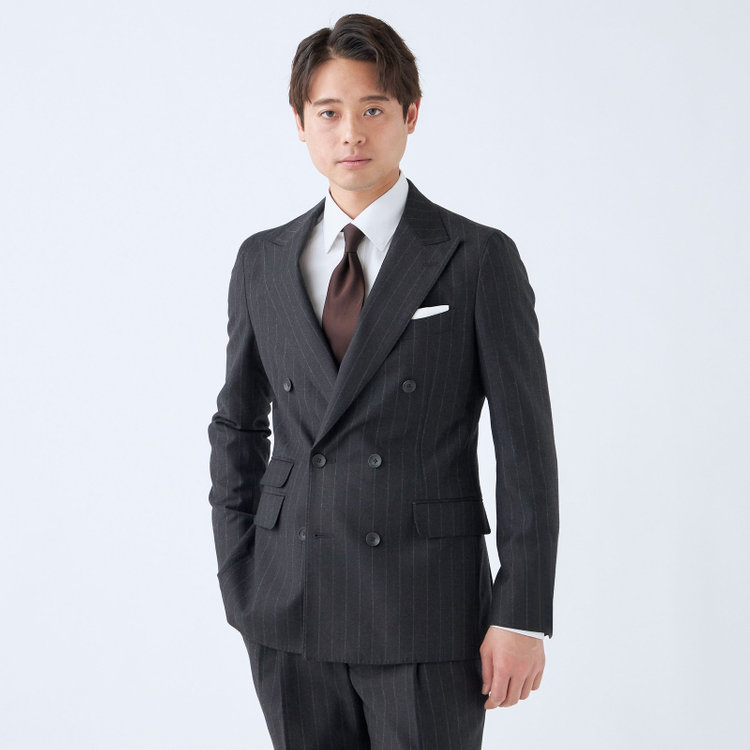 シルバーライン 【発送在庫あり】【CLASSICO TAPERED】【秋冬】6釦2掛けダブルスーツ 2タック/グレー×ストライプ/MARZOTTO/※裾上げ必要 グレー濃色