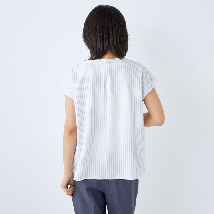 シルバーライン 【SILVER LINE/半袖】2WAYチャーム＆ボウタイプルオーバー/ホワイト×グレーストライプ/「ウォッシャブル」「2WAYストレッチ」「UV加工」「接触冷感」 グレー淡色