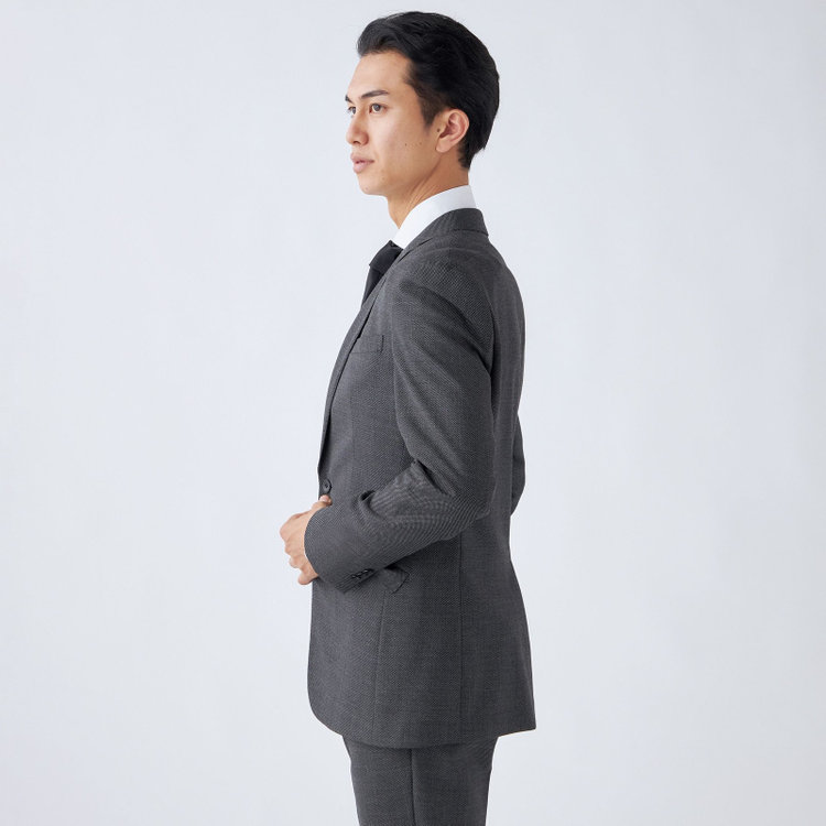 ブラックライン 【SLIM TAPERED_2】【秋冬】2釦シングルスーツ 0タック/グレー×バーズアイ/ウエストシャーリング/4S SUSTAINABILITY&ECOLOGY FABRIC/※パンツ裾上げ済仕様 グレー中間
