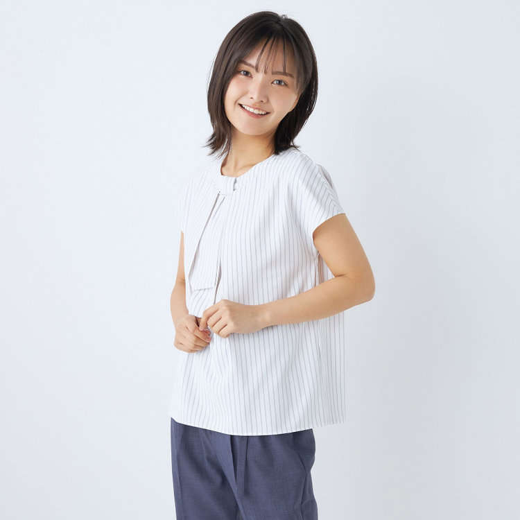 シルバーライン 【SILVER LINE/半袖】2WAYチャーム＆ボウタイプルオーバー/ホワイト×グレーストライプ/「ウォッシャブル」「2WAYストレッチ」「UV加工」「接触冷感」 グレー淡色