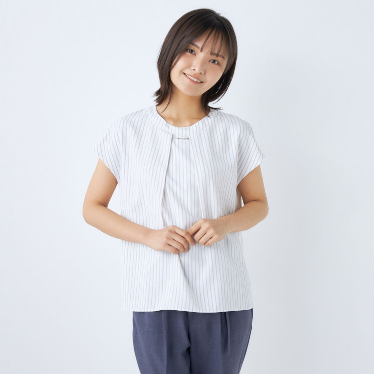 シルバーライン 【SILVER LINE/半袖】2WAYチャーム＆ボウタイプルオーバー/ホワイト×グレーストライプ/「ウォッシャブル」「2WAYストレッチ」「UV加工」「接触冷感」 グレー淡色