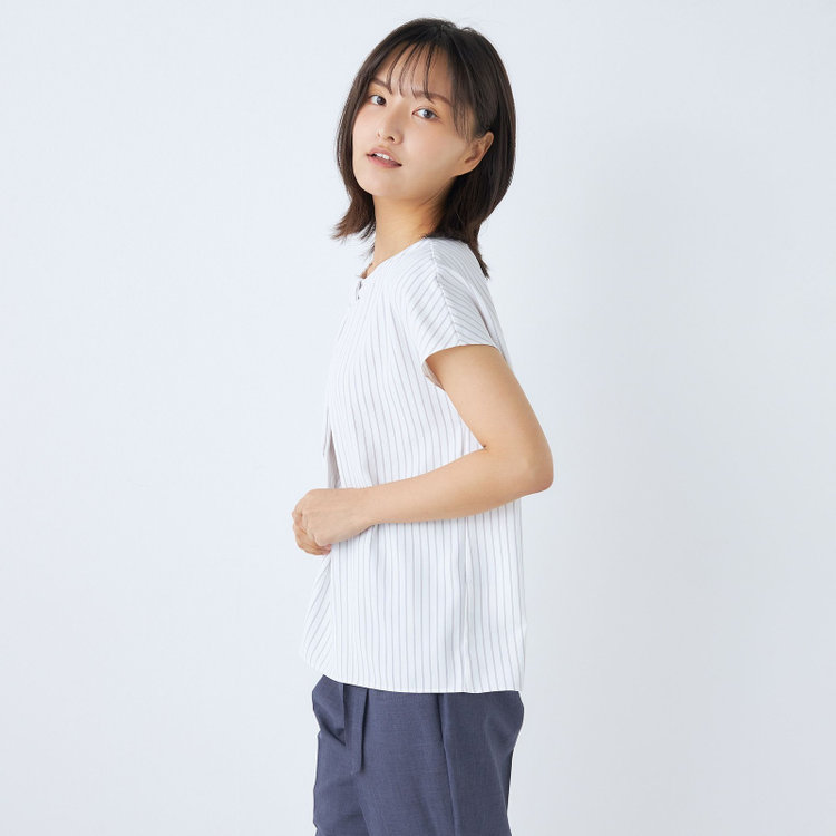 シルバーライン 【SILVER LINE/半袖】2WAYチャーム＆ボウタイプルオーバー/ホワイト×グレーストライプ/「ウォッシャブル」「2WAYストレッチ」「UV加工」「接触冷感」 グレー淡色