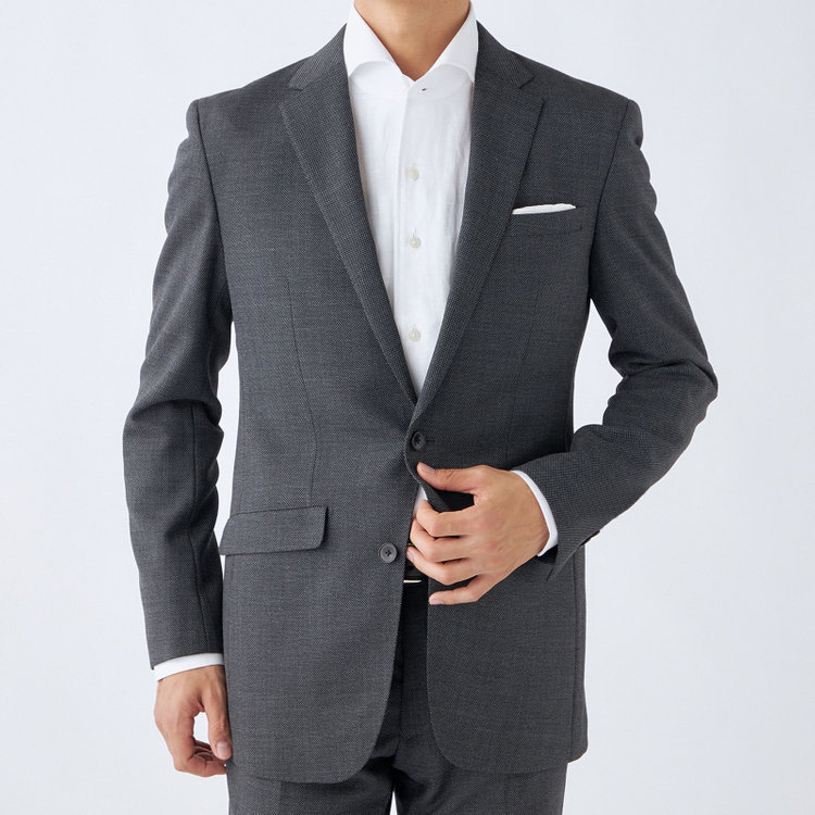 ブラックライン 【SLIM TAPERED_2】【秋冬】2釦シングルスーツ 0タック/グレー×バーズアイ/ウエストシャーリング/4S SUSTAINABILITY&ECOLOGY FABRIC/※パンツ裾上げ済仕様 グレー中間