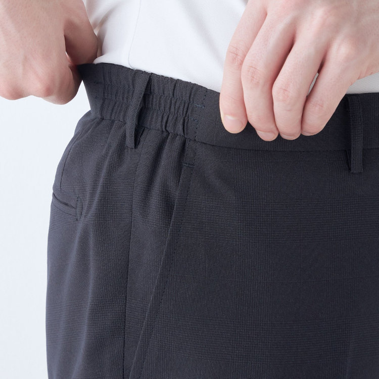ブラックライン 【SLIM TAPERED】【春夏】0タックテーパードパンツ/ネイビー×チェック/ウエストシャーリング/ウォッシャブル/4S SUSTAINABILITY&ECOLOGY FABRIC/※裾上げ済仕様 紺濃色