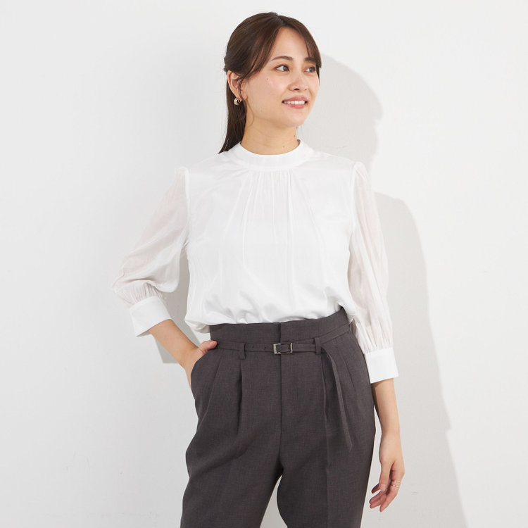 シルバーライン 【SILVER LINE/7分袖】ギャザーハイネックプルオーバー/ホワイト/「ウォッシャブル」「ストレッチ」「防シワ」「UV加工」「静電気防止」 白