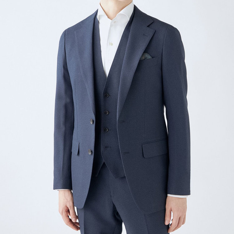 シルバーライン 【CLASSICO TAPERED】【秋冬】2釦シングルスリーピーススーツ 1タックテーパードパンツ/ネイビー/ウエストムーブ/4S SUSTAINABILITY&ECOLOGY FABRIC/※パンツ裾上げ済仕様 紺中間