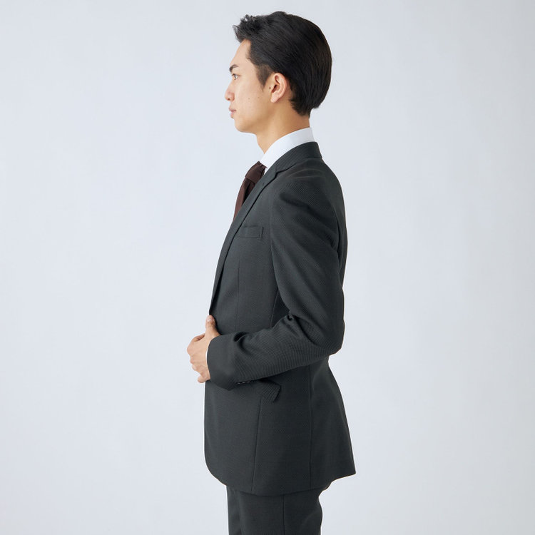 ブラックライン 【SLIM TAPERED_2】【秋冬】2釦シングルスーツ 0タック/カーキ×バーズアイ/ウエストシャーリング/4S SUSTAINABILITY&ECOLOGY FABRIC/※パンツ裾上げ済仕様 黄淡色