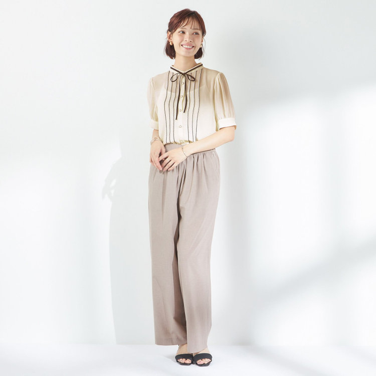 スーツセレクト 【半袖】リボン付きバンドカラーブラウス/ベージュ 茶淡色