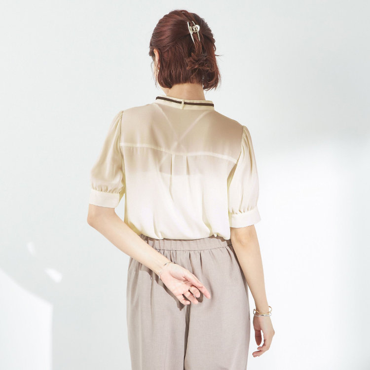 スーツセレクト 【半袖】リボン付きバンドカラーブラウス/ベージュ 茶淡色