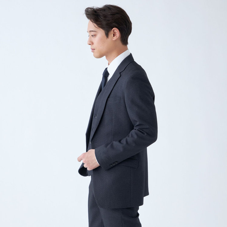 ブラックライン 【SLIM TAPERED_2】【秋冬】2釦シングルスリーピーススーツ 0タック/ネイビー×ドビー/ウエストシャーリング/4S SUSTAINABILITY&ECOLOGY FABRIC/※パンツ裾上げ済仕様 紺濃色
