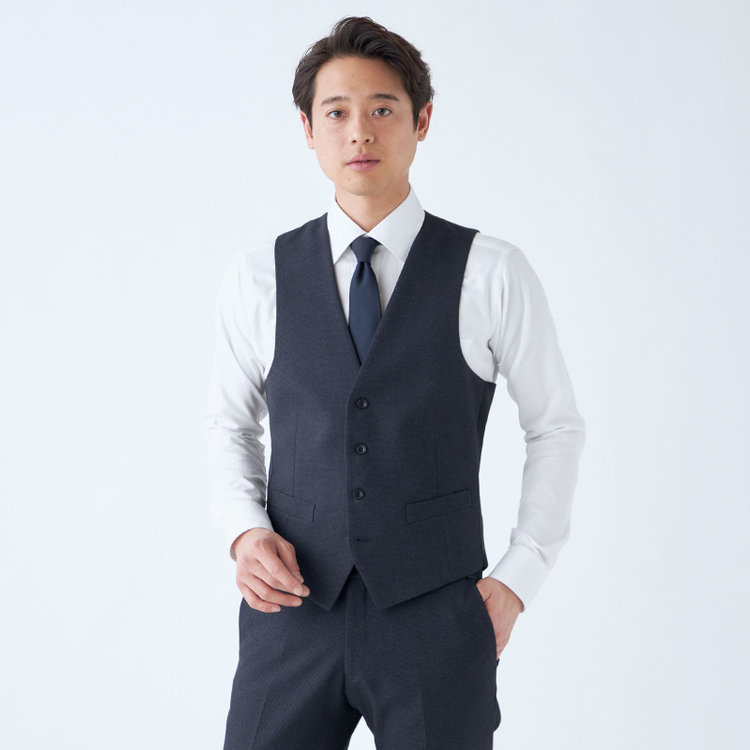 ブラックライン 【SLIM TAPERED_2】【秋冬】2釦シングルスリーピーススーツ 0タック/ネイビー×ドビー/ウエストシャーリング/4S SUSTAINABILITY&ECOLOGY FABRIC/※パンツ裾上げ済仕様 紺濃色