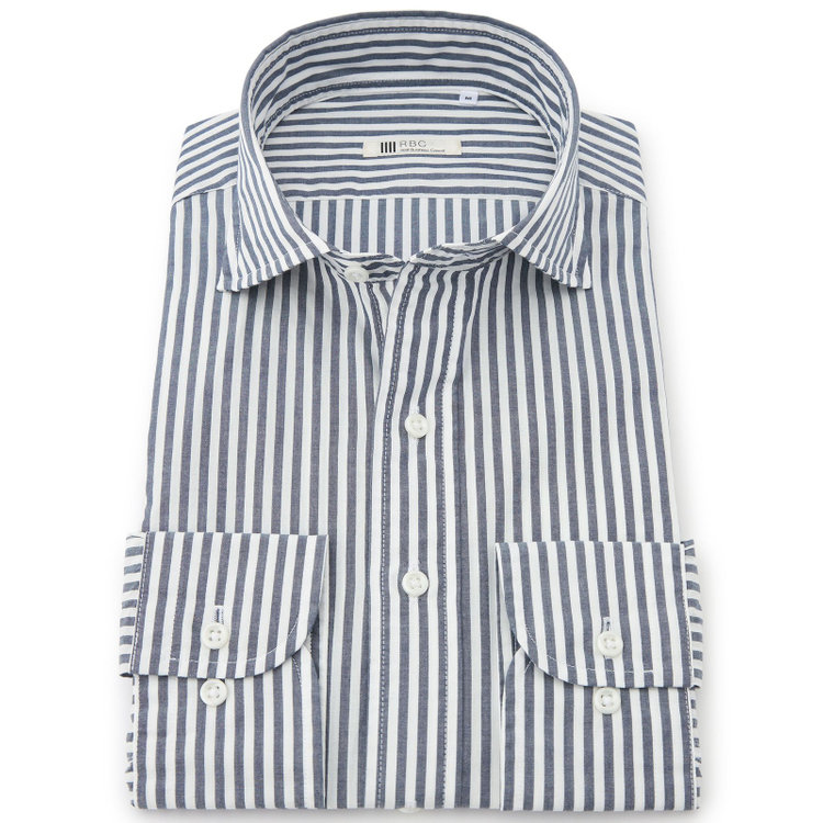 シルバーライン 【RBC】ワイドカラーシャツ/ネイビー＆ホワイト×ストライプ 青濃色